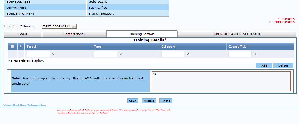 PARS Stage Employee Click on Training section Click Add to select training from