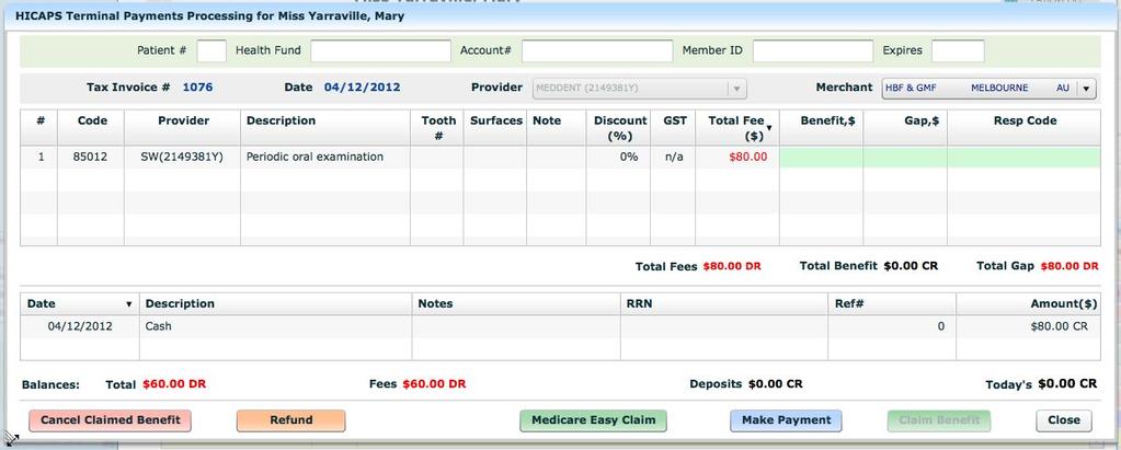 6.3.2. In the HICAPS Payment and Claims screen click on Medicare Easy Claim button.
