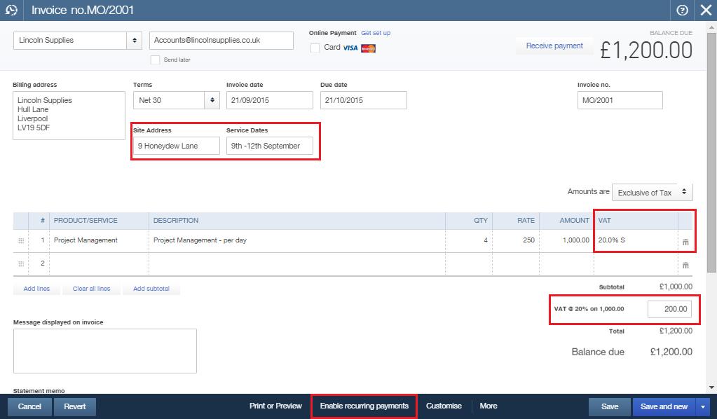 Recurring Transactions Having completed the invoice as shown to achieve a recurring invoice select Enable recurring payments at the bottom of the page.