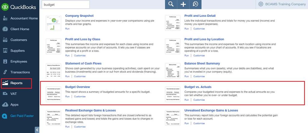 To see how a budgeted figures compare to actuals for the same period, select Reports > All Reports > Business Overview. Then select the report Budgets vs. Actuals.