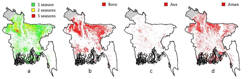 138 Land Applications of Radar Remote Sensing identified in the northern regions, while up to three seasons (red area in Figure 11A) were found in the northwest part of the country in Rajshahi