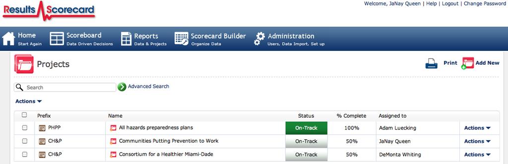 Scorecard allows users to create projects to track and