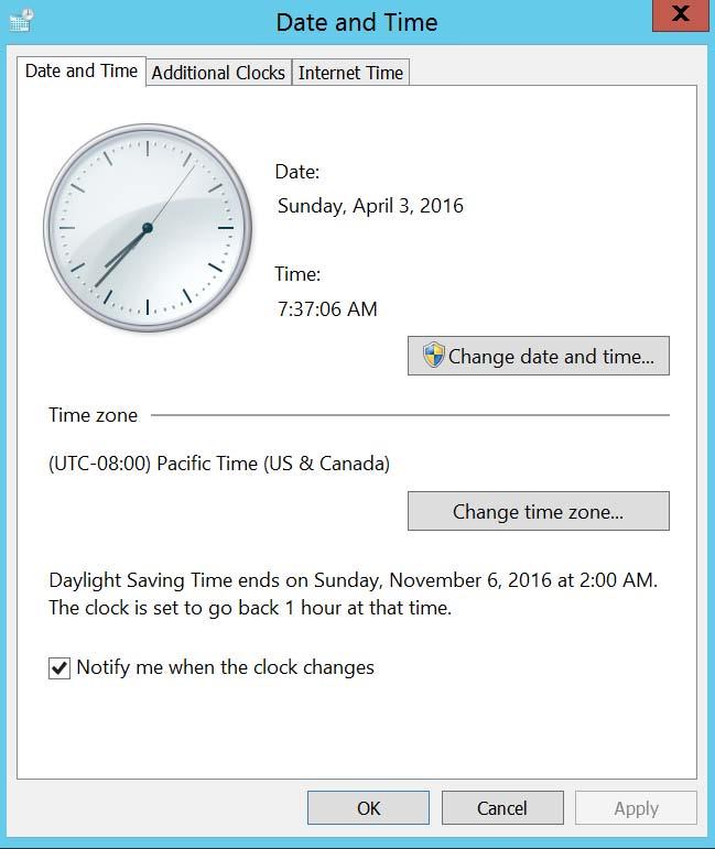 4. Review the date, time, and time zone on the Windows Server: 5.