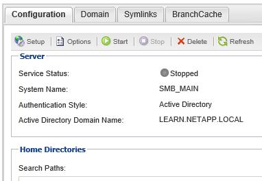 Directory Domain Name is LEARN.NETAPP.LOCAL). 13. Click Stop. 14.