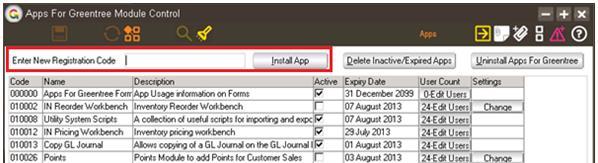 App Installation 1. Log in to Greentree as the Super user 2. Select the menu item System Apps For Greentree Apps Module Control 3.