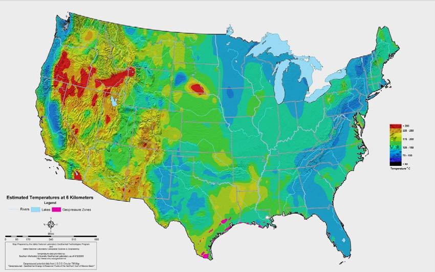 U.S. Geothermal Resources are Huge Heat content in subsurface rocks to 6 km depth, relative to