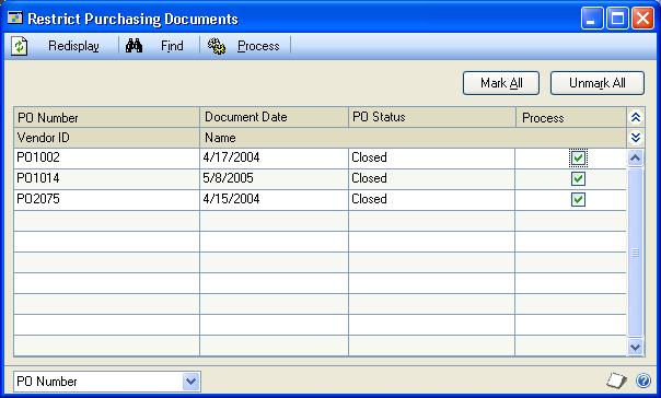 CHAPTER 11 PURCHASE ORDER MAINTENANCE order. You can remove the mark from the Process box for PO1000 so that purchase order won t be removed, as in the following example. 5.