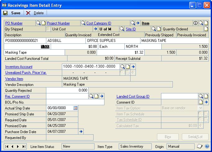 PART 3 RECEIPTS 2. Enter or select a receipt number and vendor and open the Receivings Item Detail Entry window by choosing the Vendor Item or Item expansion button.
