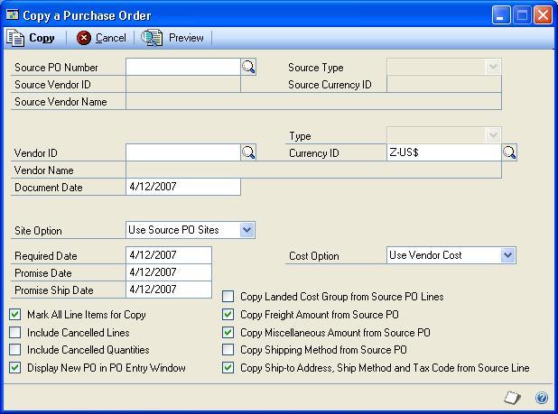 PART 2 PURCHASE ORDERS To copy a purchase order: 1. Open the Purchase Order Entry window. (Transactions >> Purchasing >> Purchase Order Entry) 2.