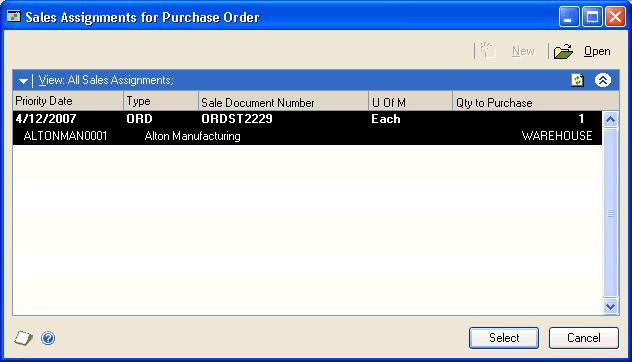 In the Sales Commitments for Purchase Order window, choose the Add Sales Doc button to open the Sales Assignments for Purchase Order window, where you can select sales line items. 5.