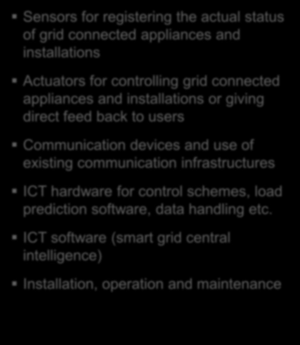 Overview of main costs and benefits Main Costs Sensors for registering the actual status of grid connected appliances and installations Actuators for controlling grid connected appliances and