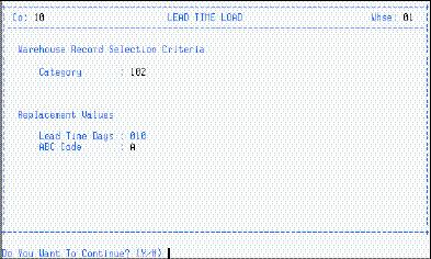 MISCELLANEOUS LEAD TIME LOAD (IM/IMM/LTL) Use this program to change the Lead Time Days and the ABC Code of Item Warehouse records (IM/MAI, 2nd screen).