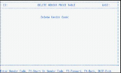 INVENTORY PRICING DELETE VENDOR PRICE TABLE (IM/IMP/DVP) The Delete Vendor Price Table program is used to delete a specific Vendor Code from the Vendor Price Table of all or a range of items.