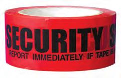 Premium grade tape coated with natural rubber adhesive. Polypropylene film printed black text on red tape.