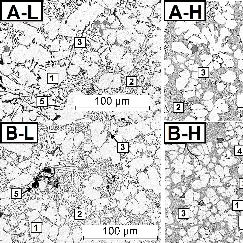 Microstructures of castings D and G: 1 phase α, 2 eutectic mixture, 3 iron-rich phase, 4 copper-rich phase, 5 shrinkage-gas microporosity.