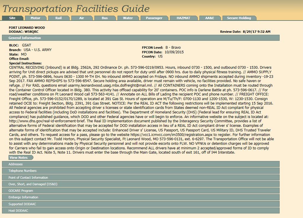 Transportation Facilities Guide (TFG) Secure Holding Tab Information can include hours,