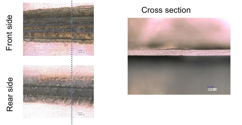 5 MM JOINT With an oscillating zone of 500 µm welding was achievable, the heat affected zone around the oscillation spot is homogenous and not very strong.