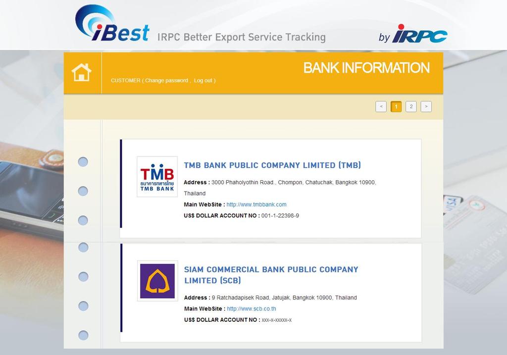 2.6 Bank Information Bank Information page shows list of bank in Thailand which IRPC have the connection with.