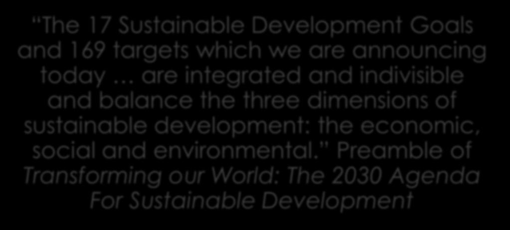 Agenda 2030 The 17 Sustainable Development Goals and 169 targets which we are announcing today are integrated and indivisible and balance the three