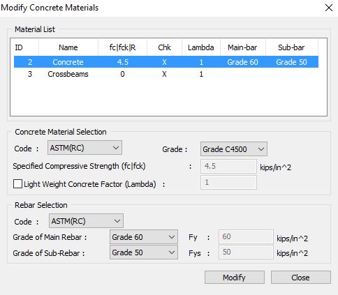 Modify Concrete Materials Use this function to modify a part of the steel rebar and concrete material property data, entered during the creation of the analysis model, or to