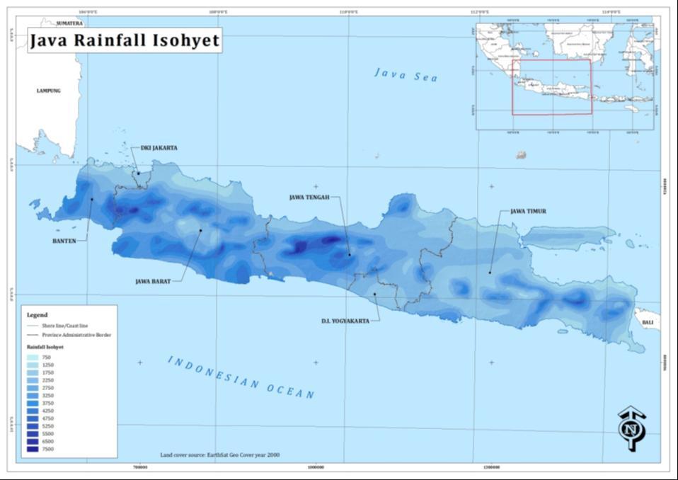 Figure 3.1. Annual rainfall isohyet map for Java The rainfall input for a cell which has an annual rainfall of 3000mm/year will then be 3000/365=8.2mm.