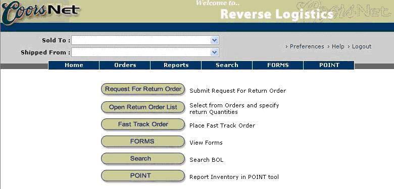 Reverse Logistics Tool Home Page Upon entering the Reverse Logistics Tool, the Home Page displays.