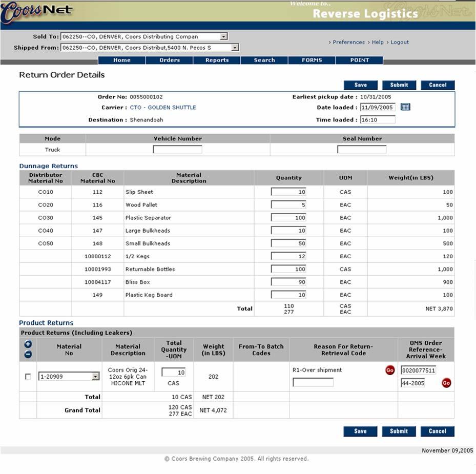 Return Order Details Page You must complete this page in order to receive your BOL (bill of lading).