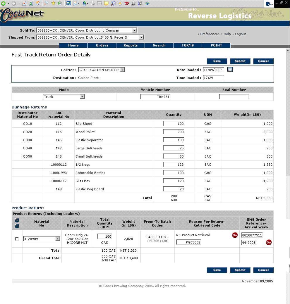Fast Track Return Order Details Page (For designated Distributors only) The page displays when you click the button on the home page or the Fast Track Order hyperlink under the Orders menu,