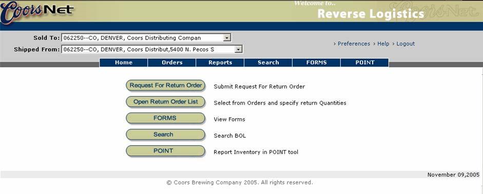 POINT Product Ordering & Inventory Net Tool This page displays if you click the button on the home page or if you click the Point menu item, in the Orders menu on the RLT navigation toolbar.