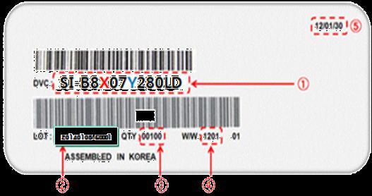 14 b) TRAY & MBB bag LABEL 1 Model code : : SI-B8X07Y280LD 2 LOT : 20140105-E0001 Packing Date(8 digit) 20140105 Production Site(1 digit) PyeongTaek Seoil(E), TianJIn Seoil(D), SLED(B)