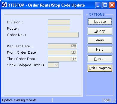 RTESTOP- ORDER ROUTE/STOP CODE UPDATE Introduction The Route Stop Maintenance program allows the user to change the route and stop codes on any open orders.
