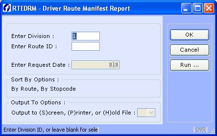 RTEDRM- DRIVER ROUTE MANIFEST REPORT Introduction The Driver's Route Manifest program will create the Route header (ROUTEH table) and the route detail (ROUTED table) records.