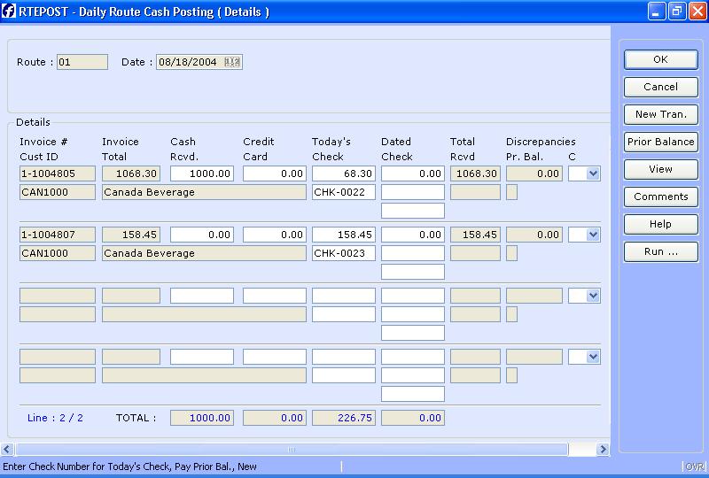 Applying DETAIL Route Cash to customer's accounts If you entered "D" from the header screen, or clicked on the DETAIL button, the Detail cash posting screen will appear.