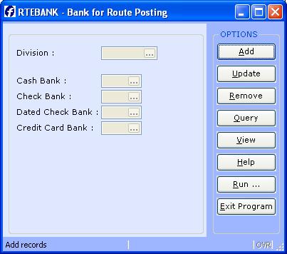 RTEBANK- BANK FOR ROUTE POSTING Introduction If you are using the "route cash posting" feature of this module, you will need to establish a record for each Bank that you will be posting to for cash