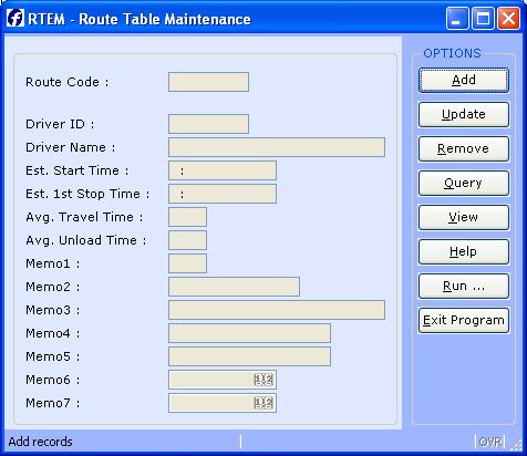 RTEM - ROUTE MAINTENANCE Introduction The Route Maintenance Program is used to add, maintain and update route codes in the route master table (ROUTEM).