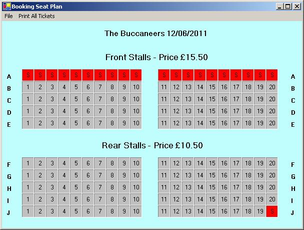 When a file is opened for a play a booking seat plan is displayed for the play, similar to the one shown below. A booked seat is displayed with an S and a background of red.