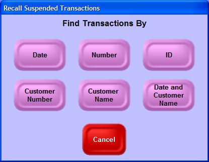 2. When the system displays the Recall Suspended Transactions screen, select one of the options to locate the transaction, using either the date, customer number, customer name, etc.