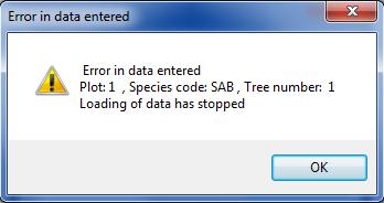 Example of an error window (Error in data entered).