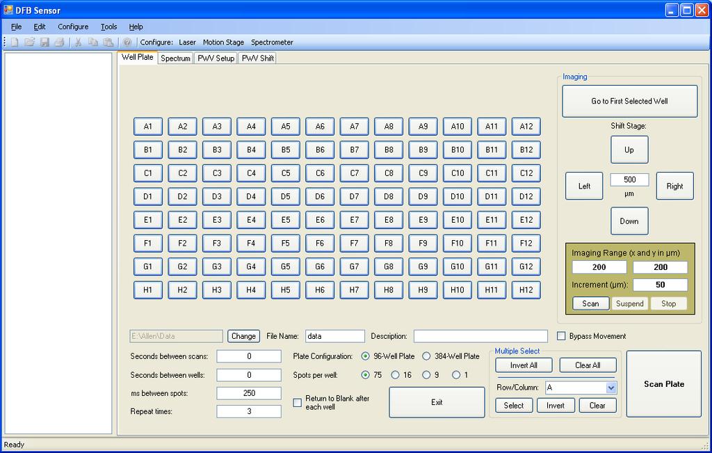 Figure 1.4: A screenshot of the portion of the software program in which the user can define the parameters for either a well plate scan or an imaging scan.