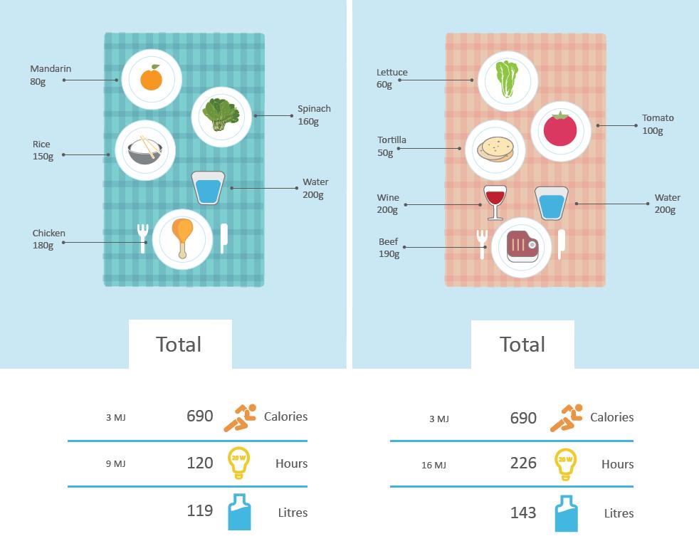 Figure 6: Comparison of energy and water use in two meals that provide the same amount of nutritional energy 1 Source: authors Conclusion The water, energy and food nexus is a intricate system which