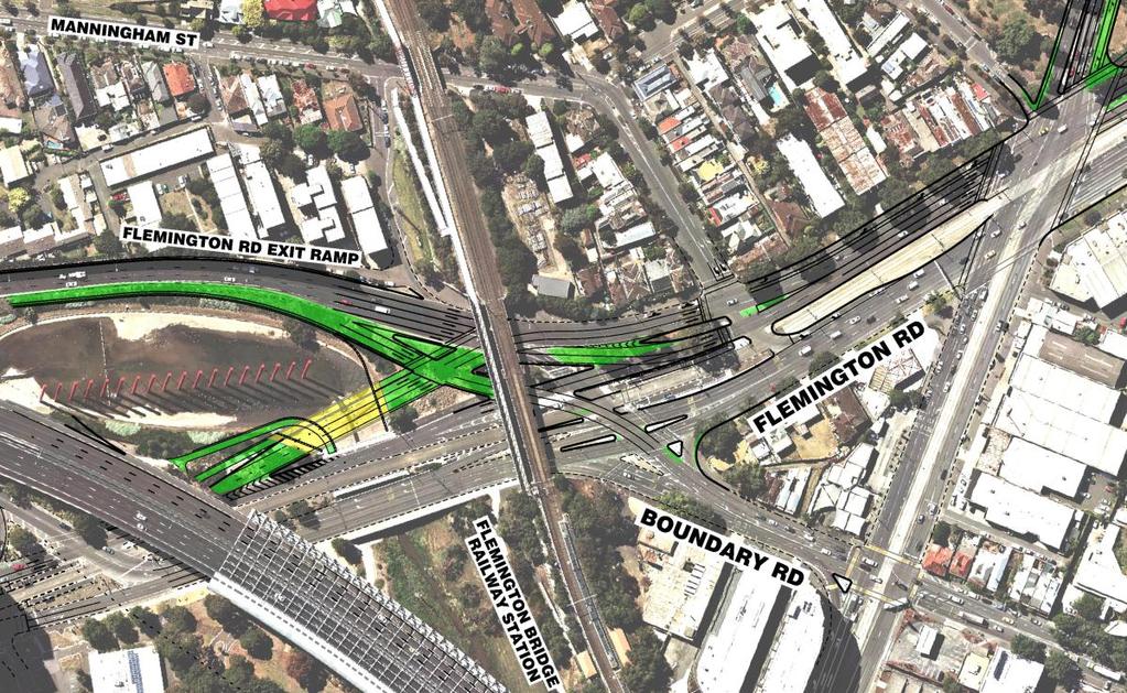 (b) Solution developed To do this there are only two real solutions: To grade separate this intersection by providing a fly-over for CityLink exit ramp traffic (or Mt Alexander Road traffic); or To