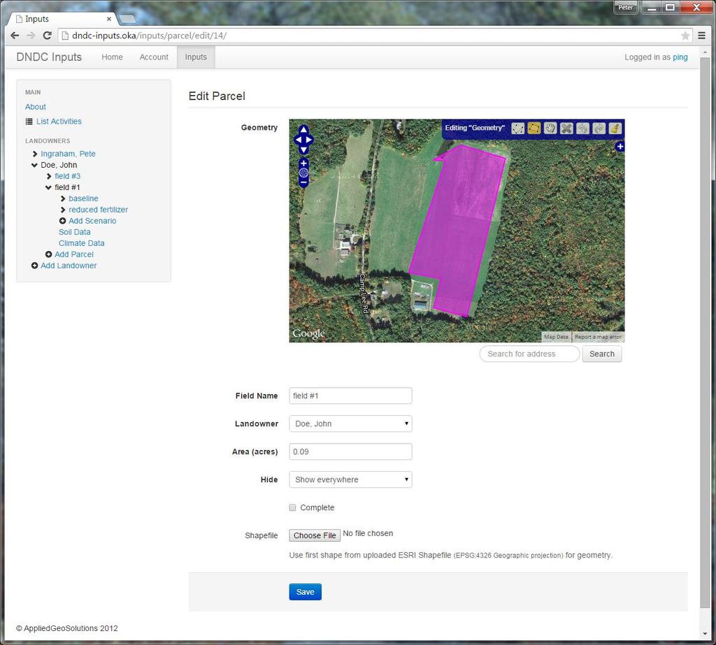 Figure 3. Adding a new parcel Once a parcel is created, the application automatically extracts soil and weather data. This figure shows the parcel soil parameter interface (Figure 4).
