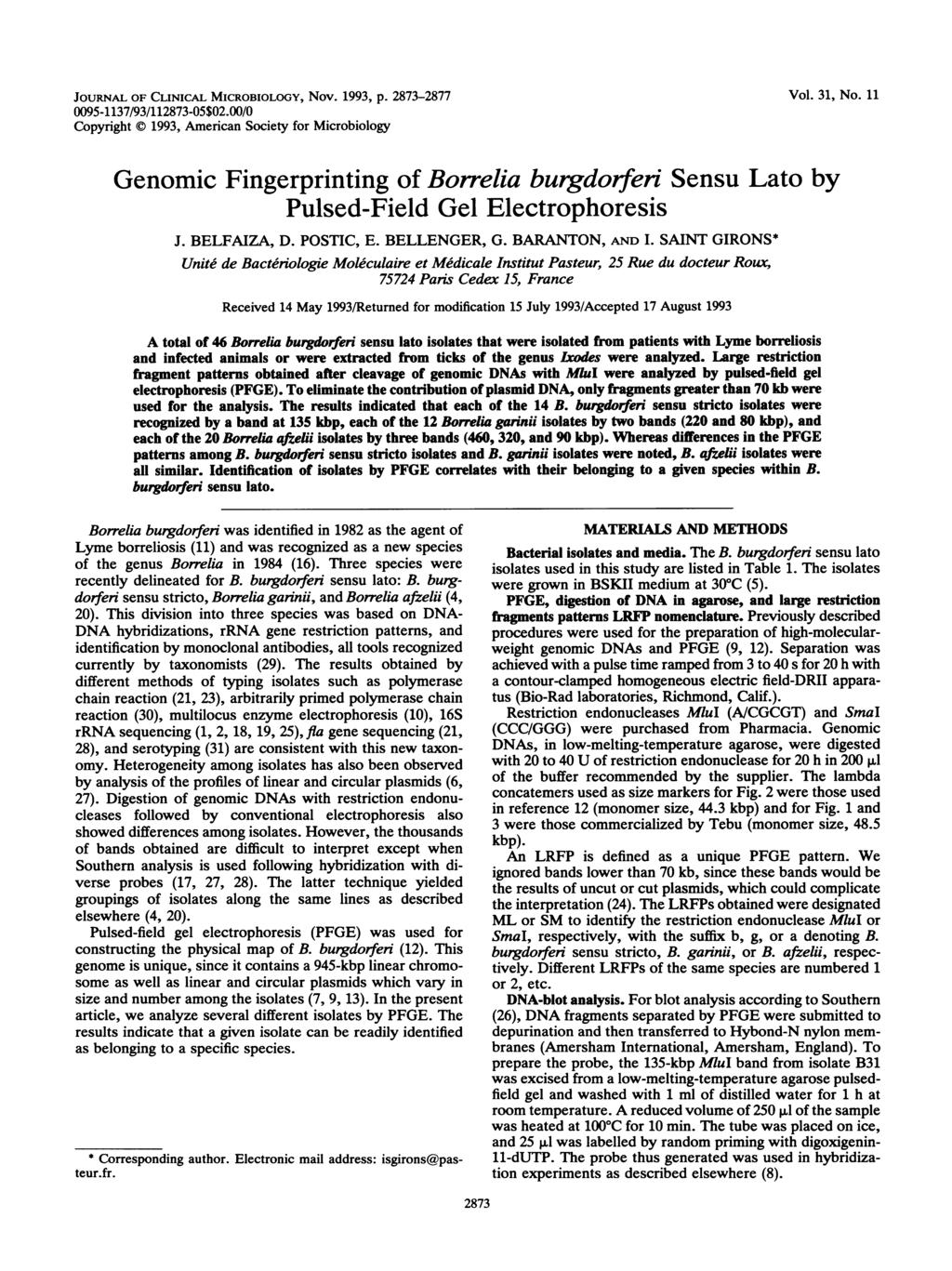 JOURNAL OF CLINICAL MICROBIOLOGY, Nov. 993, p. 873-877 Vol. 3, No. 0095-37/93/873-05$0.