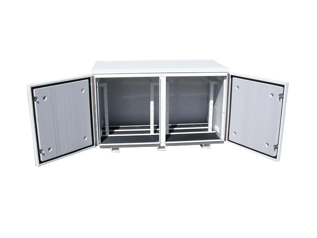 or 23" rack mount rails Equipment Shelves Carrying handles or lift eyes Hot-dip galvanized steel Inverter enclosures Continuous Stainless Steel Hinge
