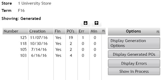 14. Display Generation Options shows the options you chose earlier in the ordering process. Highlighting a batch line and clicking Display Errors can help fix errors. 15.