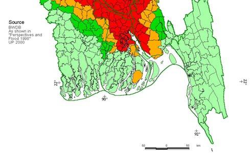 In 2004, floods inundated 38% of the country. Figure 3.3 shows flood prone area of Bangladesh and Table 3.1 indicates broad adverse impacts of major floods during the last 50 years. Figure 3.3. Flood Prone Area of Bangladesh But in last 10 years the country is experiencing early or late or prolonged floods.