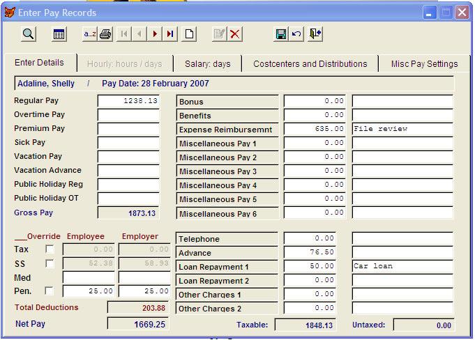 Page 1 - Enter details: this is really the complete pay record; the other pages show supporting items Here you can see some of the useful features of payroll, such as: Eight pay components plus nine