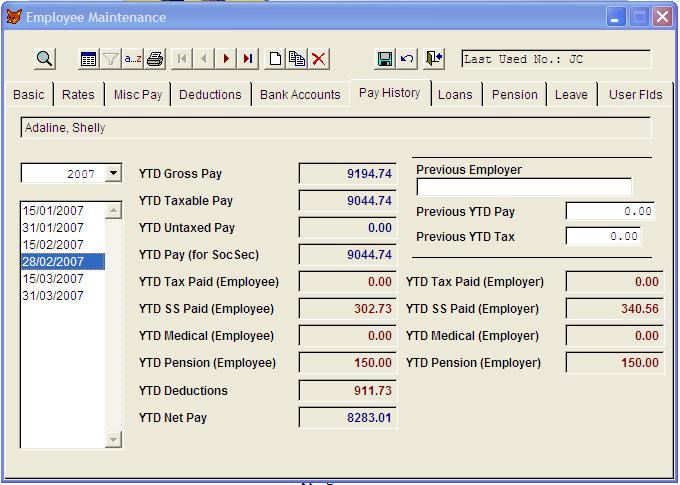 Pay History: ability to view the pay records for the current or previous years. Doubleclicking on a pay date will give the detail for the pay record.