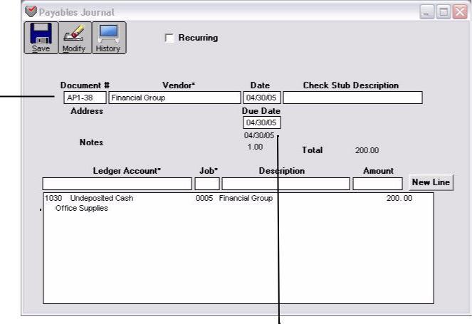 204 Chapter 9 Vendor Transactions New Line (Windows Only) Total To enter another detail line to the payable, click New Line or press ENTER.