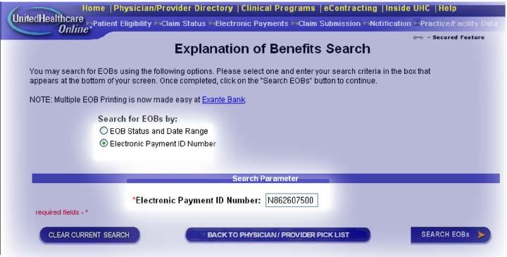 type of EOB to view, and then select Search EOBs 27 EOB Search by Electronic Payment ID Number